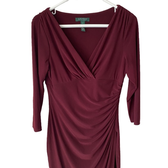 Lauren Ralph Lauren size 8 burgundy long sleeves rouching wrap dress EUC - Picture 8 of 12